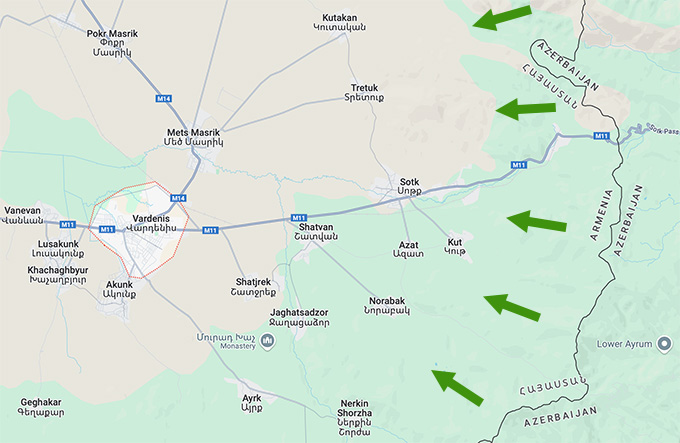 Carte de Vardenis et des villages frontaliers, avec la direction des bombardements de septembre 2022